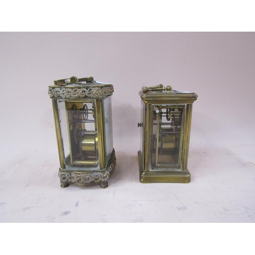 1301 - TWO BRASS CARRIAGE CLOCKS 13.5 & 12.5cms H