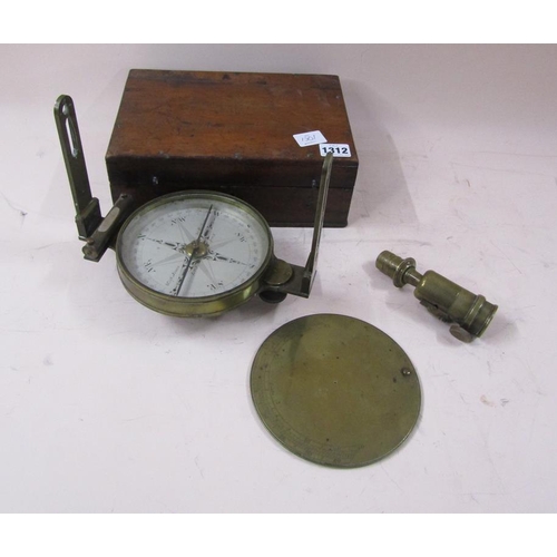 1312 - 19c BRASS FRAMED SURVEYING COMPASS WITH A SILVER CIRCULAR GRADUATED DIAL IN WOODEN BOX, DIAL 14cms D... 