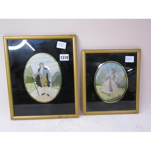 1319 - PAIR OF SILKWORK OVAL FRAMED PICTURES - LADY AND GENTLEMAN