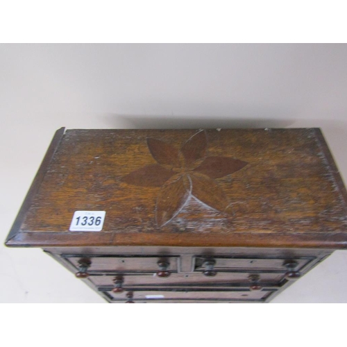 1336 - 19C MAHOGANY MINIATURE CHEST OF TWO SHORT AND TWO LONG DRAWERS, A/F, 35CM W, 35CM H