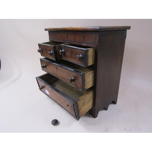 1336 - 19C MAHOGANY MINIATURE CHEST OF TWO SHORT AND TWO LONG DRAWERS, A/F, 35CM W, 35CM H