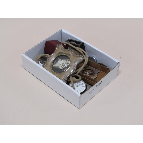 1492 - POCKET WATCHES, FOB WATCHES, SILVER PHOTO FRAMES, VESTAS, SILVER ENAMEL BOX AND COVER ETC