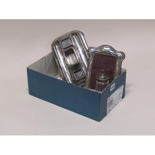 1504 - SILVER PLATED DESK INKWELL, SILVER PHOTO FRAME, SILVER HANDLED KNIVES, SILVER BOTTLE LABELS ETC