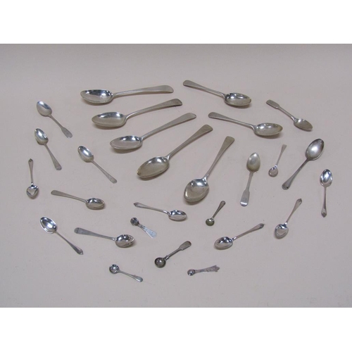 1532 - BOX OF MIXED SILVER CUTLERY TO INC. 18c SILVER SPOONS AND SOME SILVER PLATED SPOONS 16.4ozt OF WEIGH... 