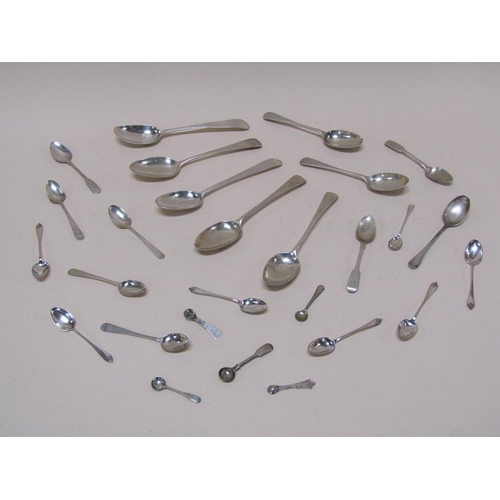 1532 - BOX OF MIXED SILVER CUTLERY TO INC. 18c SILVER SPOONS AND SOME SILVER PLATED SPOONS 16.4ozt OF WEIGH... 