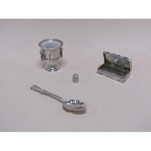 1537 - SILVER PRESENTATION TABLE SNUFF BOX , SILVER THIMBLE, SILVER PLATED SPOON ETC