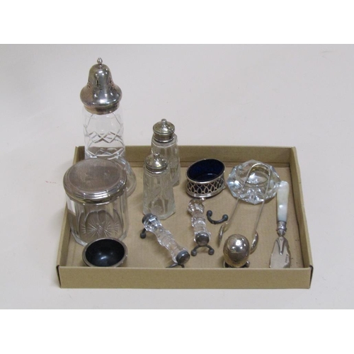 1540 - SILVER TOP CUT GLASS SIFTERS, SALTS, PEPPERS, CRUETS ETC