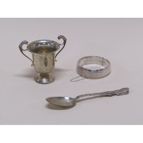 1544 - SILVER BANGLE, SILVER SPOON, SILVER MINIATURE TROPHY CUP - 3.2ozt