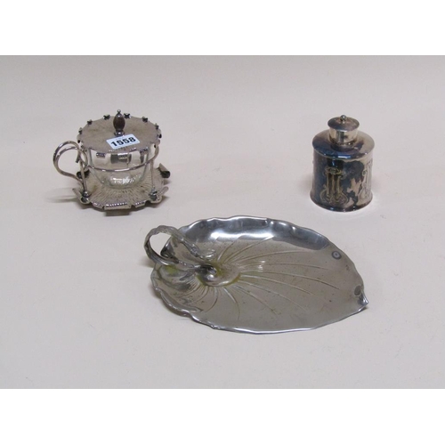 1558 - SILVER PLATED TEA CANISTER, SILVER PLATE PRESERVE AND SILVER PLATED LEAF DISH