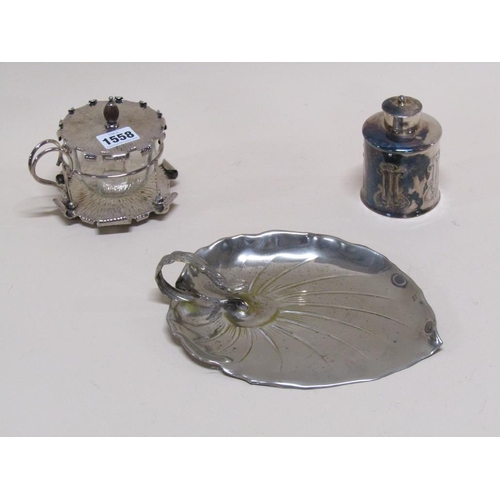 1558 - SILVER PLATED TEA CANISTER, SILVER PLATE PRESERVE AND SILVER PLATED LEAF DISH