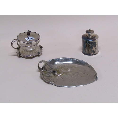 1558 - SILVER PLATED TEA CANISTER, SILVER PLATE PRESERVE AND SILVER PLATED LEAF DISH