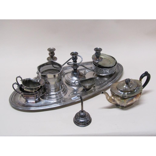 1563 - SILVER PLATED OVAL TRAY, SILVER PLATED TEAWARES, CANDELABRA ETC