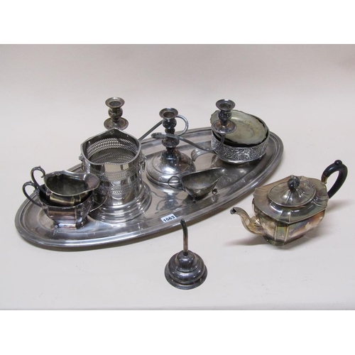 1563 - SILVER PLATED OVAL TRAY, SILVER PLATED TEAWARES, CANDELABRA ETC