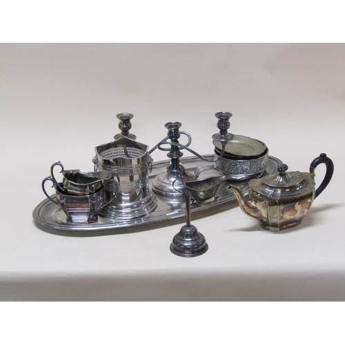 1563 - SILVER PLATED OVAL TRAY, SILVER PLATED TEAWARES, CANDELABRA ETC