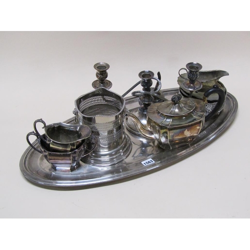 1563 - SILVER PLATED OVAL TRAY, SILVER PLATED TEAWARES, CANDELABRA ETC