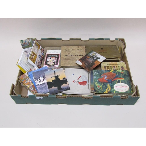 1573 - BOX OF TEA, CIGARETTE CARDS, POSTCARDS ETC