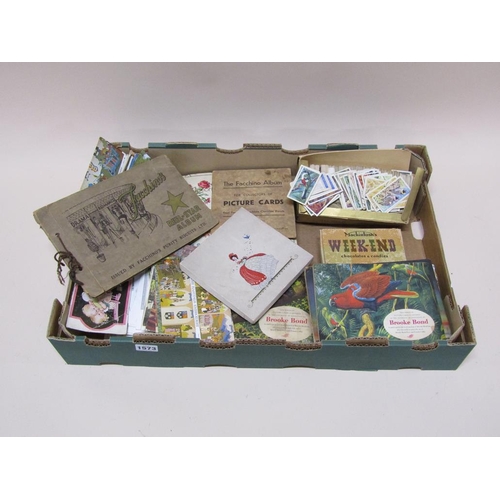 1573 - BOX OF TEA, CIGARETTE CARDS, POSTCARDS ETC