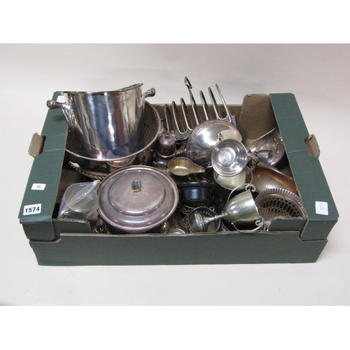 1574 - BOX OF MIXED SILVER PLATE TO INC. ICE BUCKET, WINE COOLER, TOAST RACK ETC