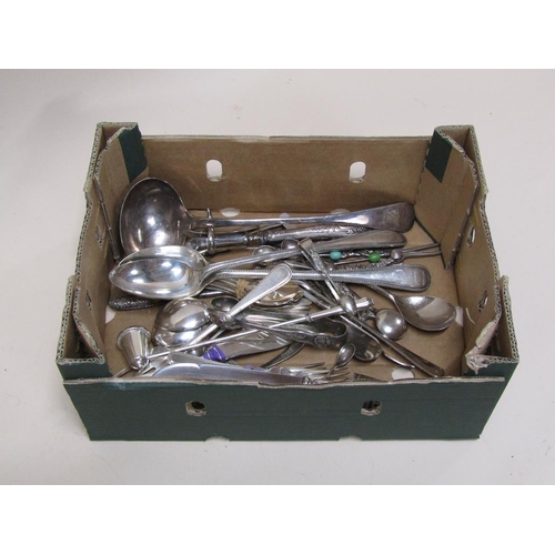 1586A - BOX OF MIXED SILVER PLATED CUTLERY ETC