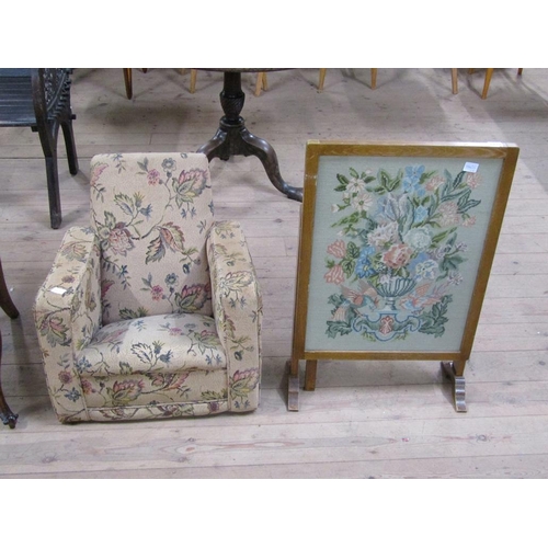 1717 - CHILDS UPHOLSTERED ARMCHAIR TOGETHER WITH FLORAL TOP FOLDING TABLE