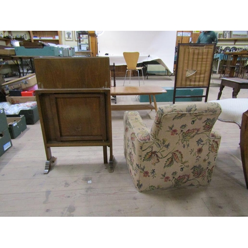 1717 - CHILDS UPHOLSTERED ARMCHAIR TOGETHER WITH FLORAL TOP FOLDING TABLE