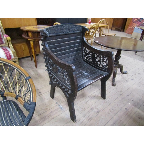 1720 - EDWARDIAN CONTINENTAL SLATTED WOOD ARMCHAIR WITH CARVED ARM SUPPORT PANELS