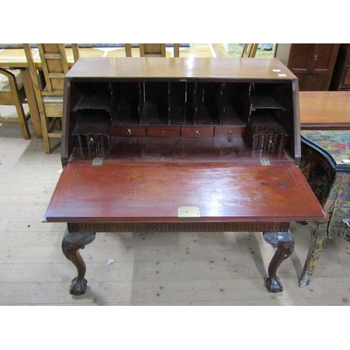 1723 - MAHOGANY BUREAU WITH FALL FRONT AND FITTED INTERIOR SUPPORTED ON CARVED CABRIOLE LEGS WITH BALL AND ... 