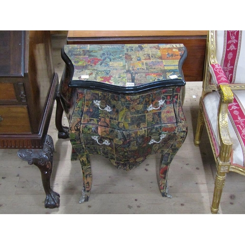 1724 - BOMBAY CABINET WITH FITTED TWO DRAWERS ON SLIGHT CABRIOLE LEG AND WITH COMIC DECOUPAGE 62cms W x 76 ... 