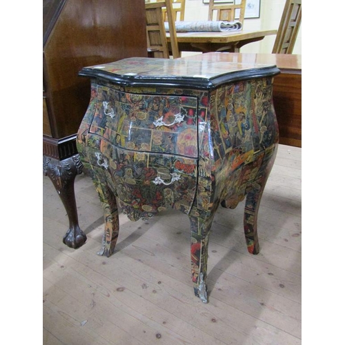 1724 - BOMBAY CABINET WITH FITTED TWO DRAWERS ON SLIGHT CABRIOLE LEG AND WITH COMIC DECOUPAGE 62cms W x 76 ... 