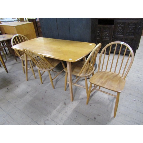 1727 - ERCOL TEAK DINING TABLE 136cms L, TOGETHER WITH FOUR HOOPED SPINDLEBACK SINGLE CHAIRS