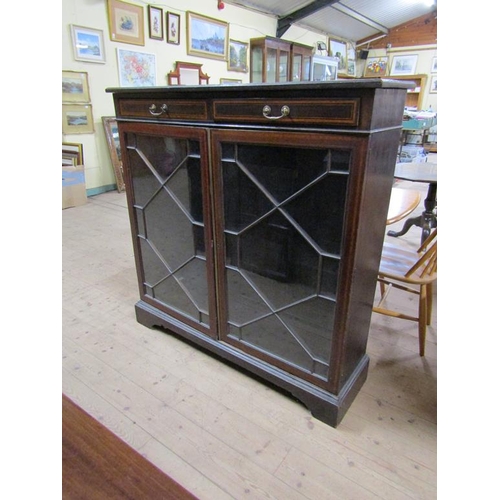 1728 - LATE 19c GEORGIAN STYLE STANDING BOOKCASE WITH FITTED TWO SHORT DRAWERS OVER SHELF CUPBOARDS ENCLOSE... 