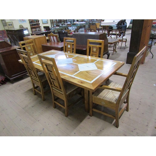 1732 - HARDWOOD MARBLE INLAID DINING TABLE (202cms L) TOGETHER WITH SIX CHAIRS OF SIMILAR DESIGN WITH RUSH ... 