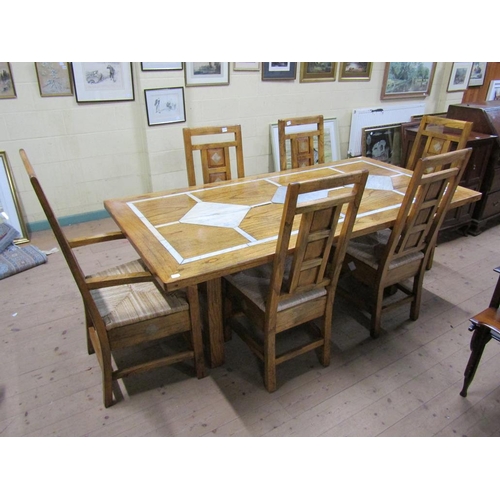 1732 - HARDWOOD MARBLE INLAID DINING TABLE (202cms L) TOGETHER WITH SIX CHAIRS OF SIMILAR DESIGN WITH RUSH ... 