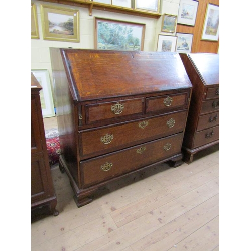 1734 - GEORGIAN OAK BUREAU WITH FALL FRONT FITTED INTERIOR AND TWO SHORT/TWO LONG DRAWERS 106 x 100 cms