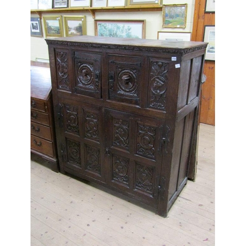 1736 - PERIOD OAK CUPBOARD WITH CARVED PANELS TO THE UPPER AND LOWER CUPBOARD - 110cms W x 140cms H