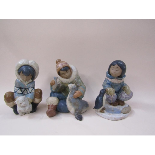 1685 - THREE LLADRO GRES INUIT FIGURES - LARGEST 20CM H