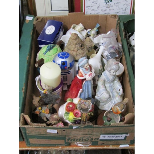 338 - THREE BOXES OF MIXED CHINA, ORNAMENTS ETC.