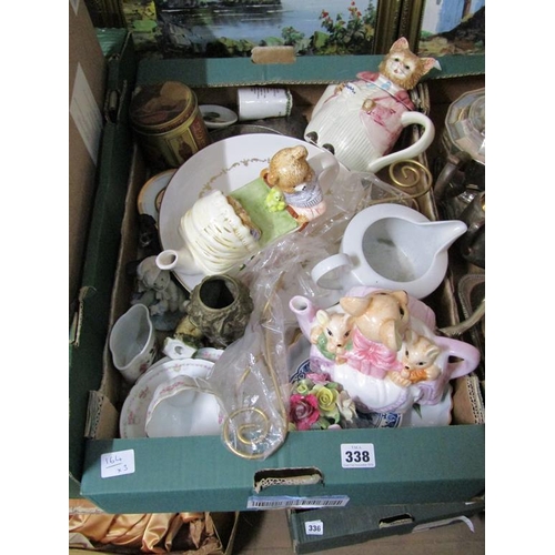 338 - THREE BOXES OF MIXED CHINA, ORNAMENTS ETC.