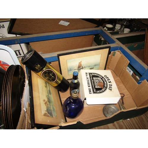 266 - BOX TO INCL WATERCOLOURS, GLASSWARE ETC