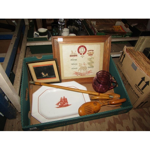 267 - BOX OF MISC TO INCL CHINA AND GLASS, EMBROIDERY ETC