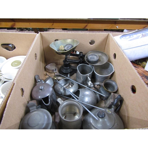 281 - BOX OF ANTIQUE PEWTER WARES, SILVER PLATE ETC