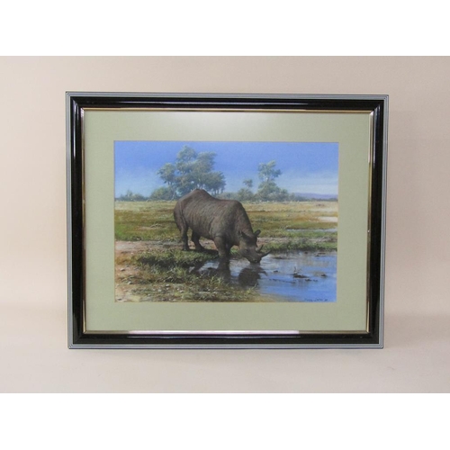 1218 - Seery-Lester 80 - Rhinoceros at waterhole, signed and dated,   framed and glazed, 38cm x 53cm.