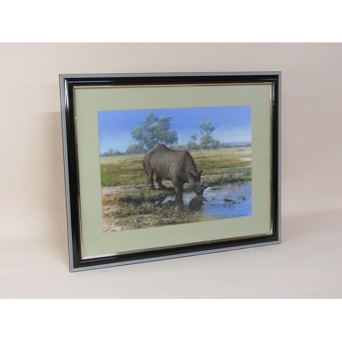 1218 - Seery-Lester 80 - Rhinoceros at waterhole, signed and dated,   framed and glazed, 38cm x 53cm.