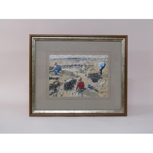 1240 - Unsigned early 20c - Three children building sand castles on a beach, watercolour, framed and glazed... 