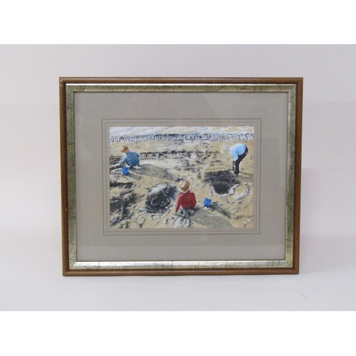 1240 - Unsigned early 20c - Three children building sand castles on a beach, watercolour, framed and glazed... 