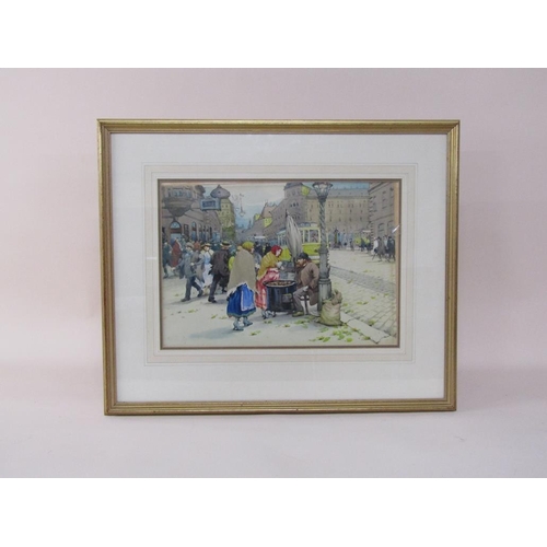 1243 - In the manner of Antal Berkes 1874/1938, Budapest School - Chestnut seller in a busy street, waterco... 