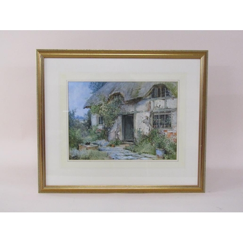 1244 - Teresa Sylvester Stannard - A timbered thatched cottage in summertime, signed watercolour, framed an... 