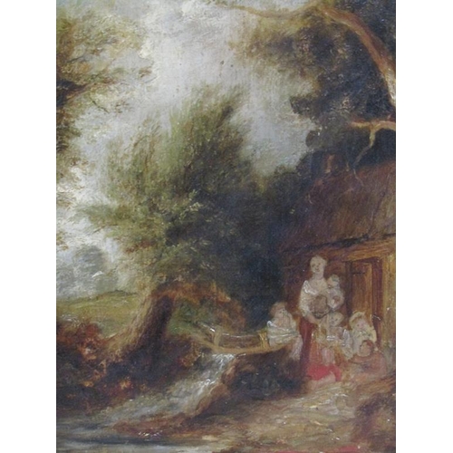 1256 - Unsigned, English school, 19c - Family outside a cottage in a woodland setting, oil on panel, framed... 