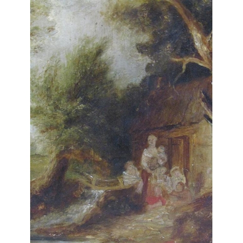 1256 - Unsigned, English school, 19c - Family outside a cottage in a woodland setting, oil on panel, framed... 