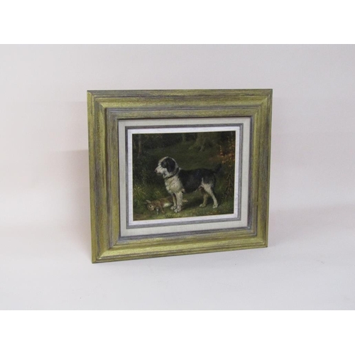 1257 - Henry William Carter - Terrier dog with hare, signed oil on board, framed, 22cm x 27cm.